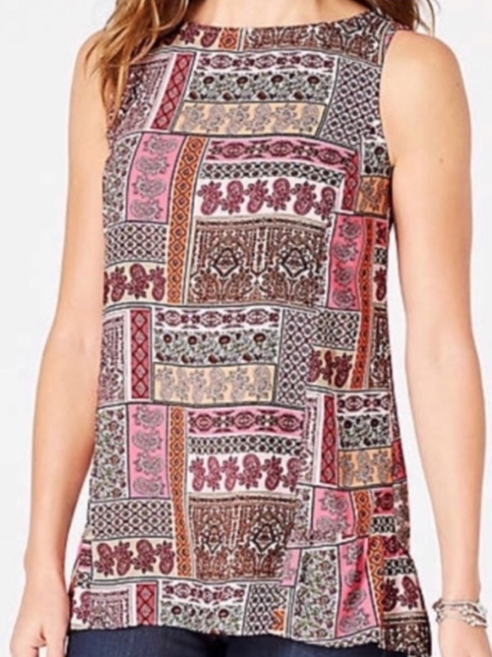 J.Jill Women XL Pink Paisley Patchwork Boho Artsy Sleeveless Peplum Tank Top